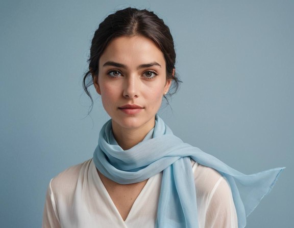Mehrfarbiger Chiffonschal in Blau und Hellblau der von einer Frau getragen wird