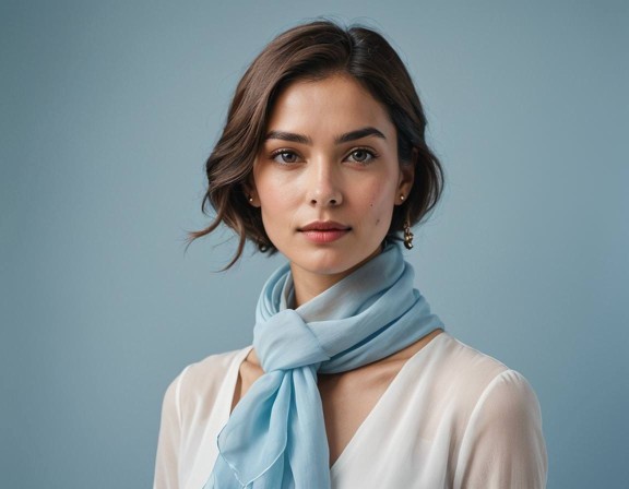 Mehrfarbiger Chiffonschal in Blau und Hellblau der von einer Frau getragen wird