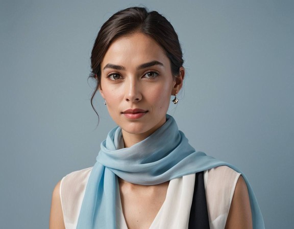 Mehrfarbiger Chiffonschal in Blau und Hellblau der von einer Frau getragen wird
