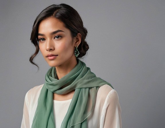 Seidenschal Silk Etamine in Aventurine, der von einer Frau getragen wird