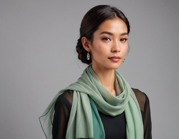 Seidenschal Silk Etamine in Aventurine, der von einer Frau getragen wird