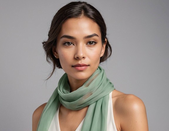 Seidenschal Silk Etamine in Aventurine, der von einer Frau getragen wird