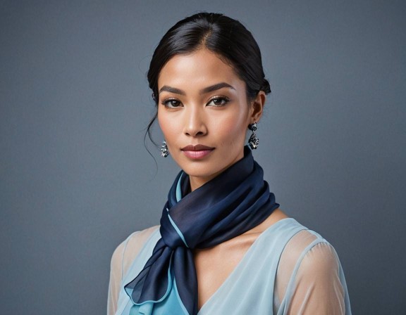 Mehrfarbiger Chiffonschal in Dunkelblau und Hellblau der von einer Frau getragen wird