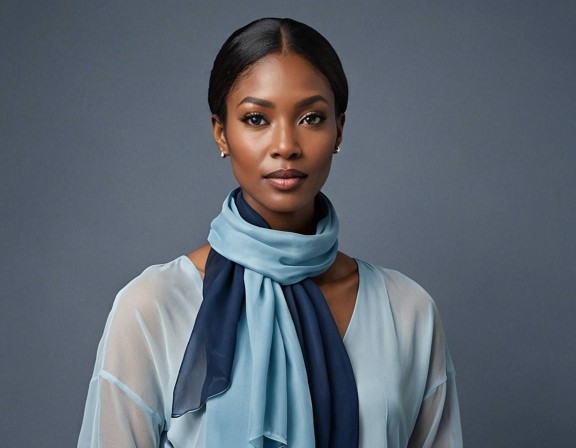 Mehrfarbiger Chiffonschal in Dunkelblau und Hellblau der von einer Frau getragen wird