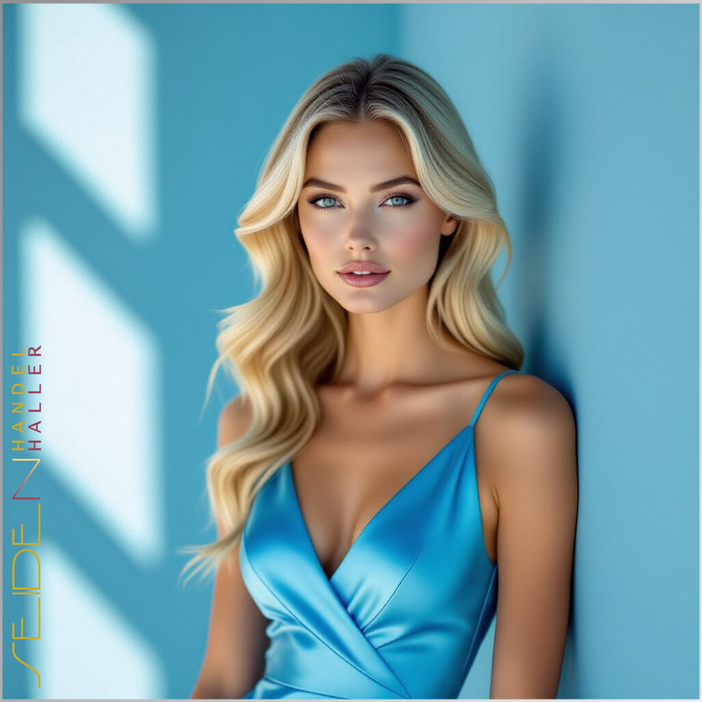 Eine Frau, die ein Seiden-Kleid in der Farbe Lyons Blue trägt