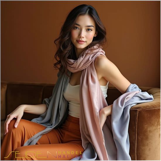 Bourette Seide in verschiedenen Farben, drapiert auf einem Sofa