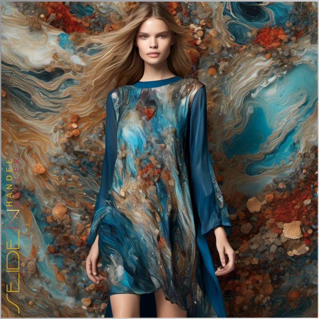 Eine Frau in einem bemalten Seidenkleid vor einem ähnlichen Hintergrund