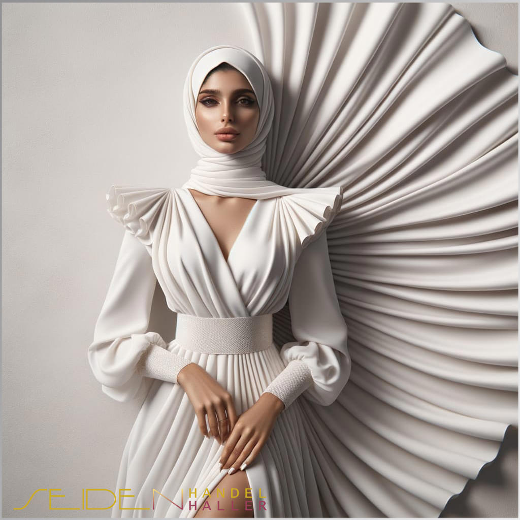 Eine Frau in einem weissen Kleid aus Seidensatin