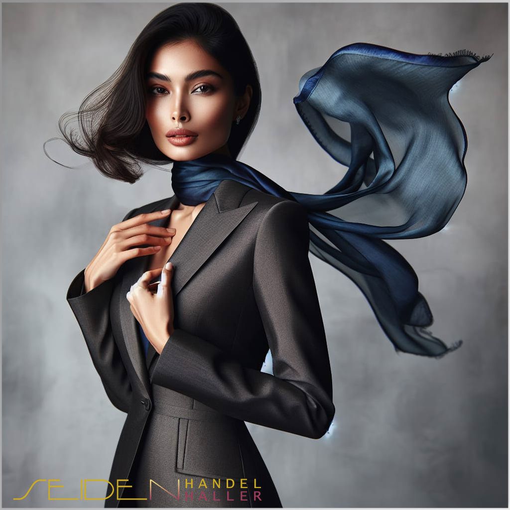 Eine Frau in einem schwarzen Blazer, die einen blauen Chiffonschal um den Hals geschlungen trägt.