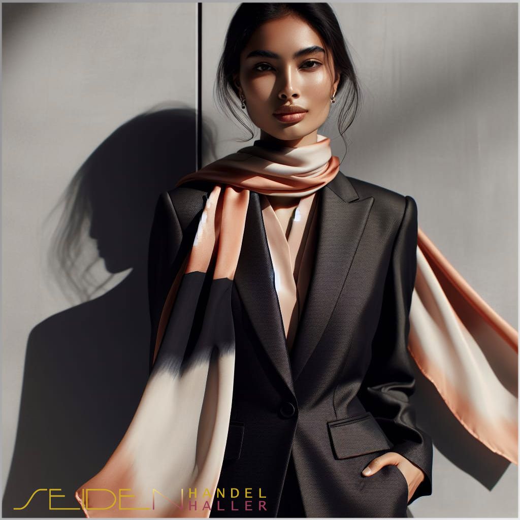 Eine Frau in einem schwarzen Anzug, die einen beige Seidenschal trägt.