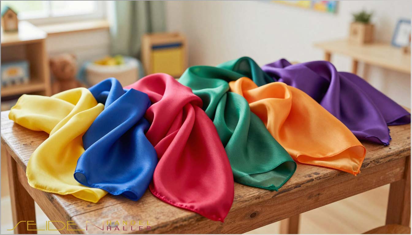 Echte Pongee-Seidentücher für das Farberleben nach Goethe: Strahlendes Licht-Gelb (#FEE000), tiefes Kristall-Blau (#0066B3) und majetätisches Purpur (#E3004F) in Fachhandels-Qualität für Kindergarten und Jahreszeitentisch.
